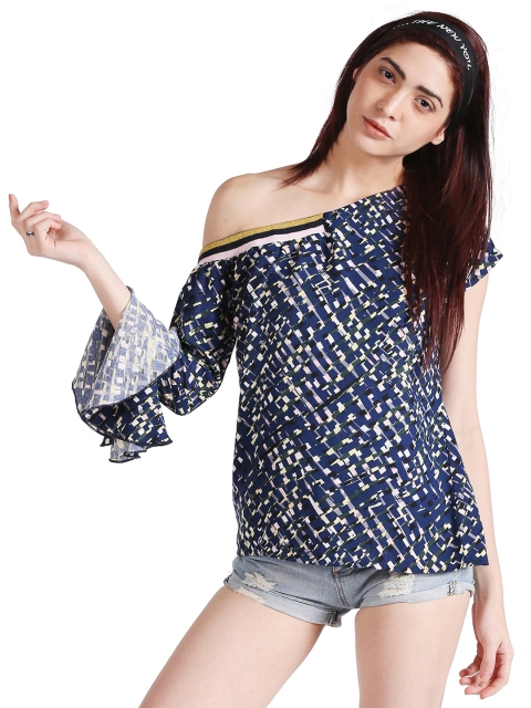 

Noi Women Navy Blue Printed One Shoulder Top