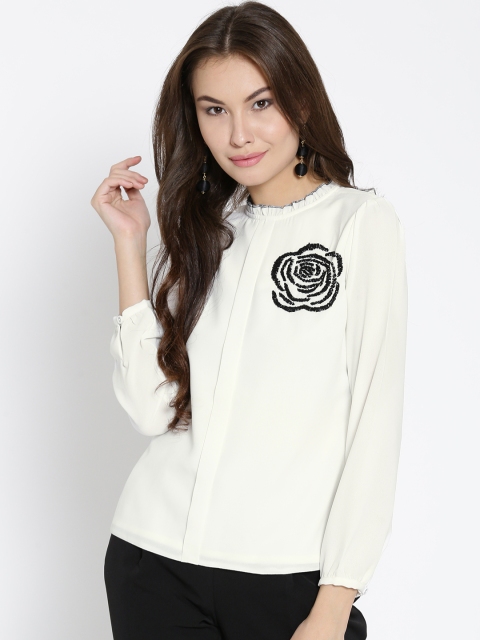 

Noi Women White & Black Embellished Detail Top