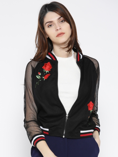 

Noi Women Black Embroidered Detail Mesh Bomber Jacket