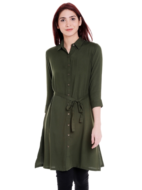 

Style Quotient Women Olive Green Regular Fit Solid Casual Longline Shirt