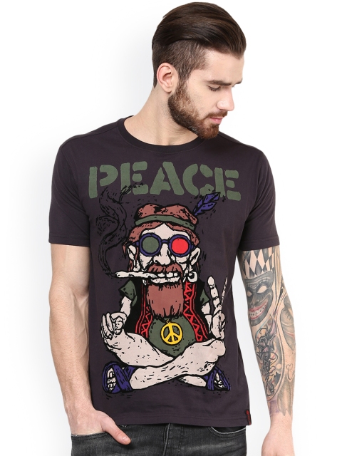 

PUNK Men Charcoal Grey Printed Round Neck T-shirt