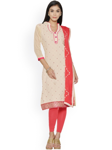 

Saree mall Off-White & Pink Cotton Blend Unstitched Dress Material