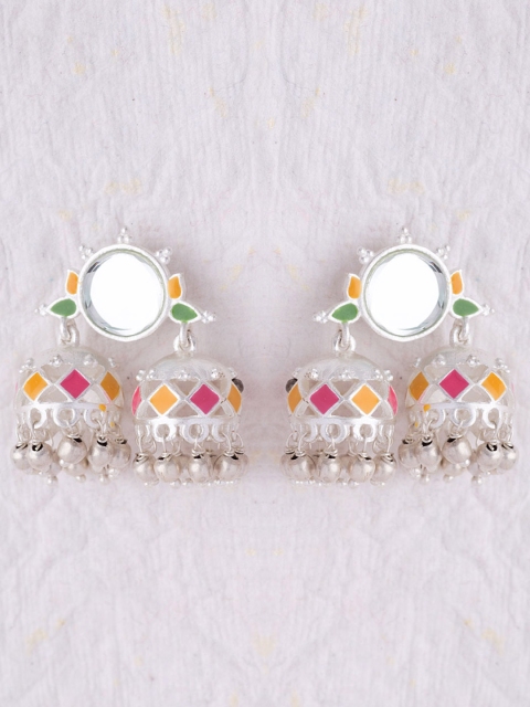 

Studio Voylla Silver-Plated Bandhej Colourful Enamelling Dome Shaped Jhumkas