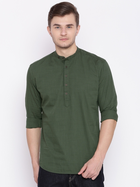 

British Club Men Olive Green Solid Straight Short Kurta