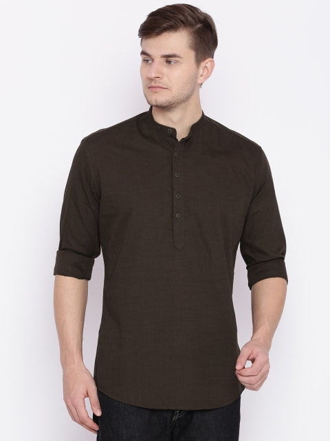 

British Club Men Brown Solid Straight Short Kurta