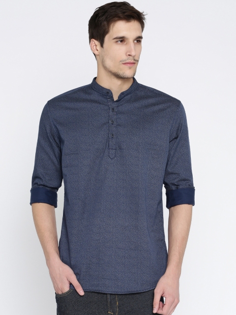 

British Club Men Navy Blue Printed Straight Kurta