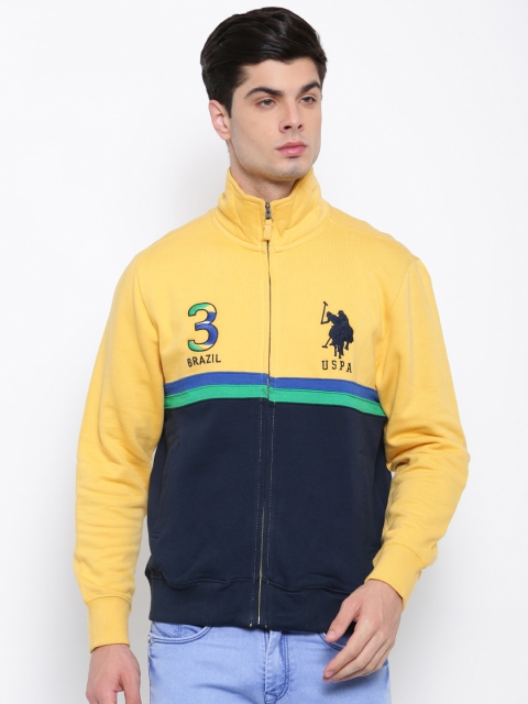 

U.S. Polo Assn. Men Yellow & Navy Blue Colourblocked Sweatshirt