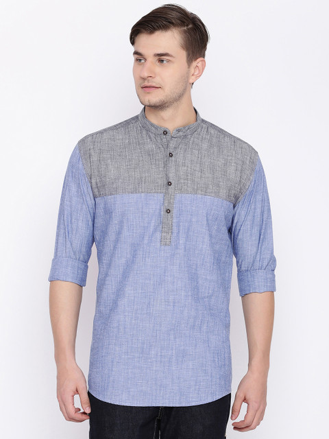 

British Club Men Blue & Grey Colourblocked Straight Kurta