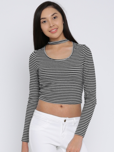

Ginger by Lifestyle Women Grey & Black Striped Crop Top