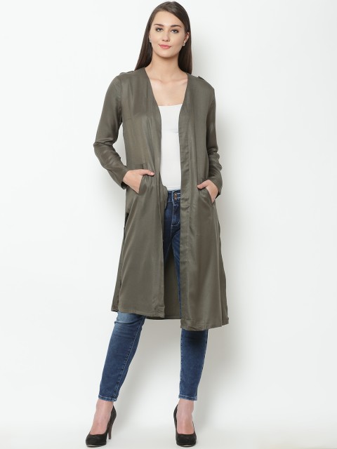 

United Colors of Benetton Women Olive Green Solid Longline Jacket, Grey