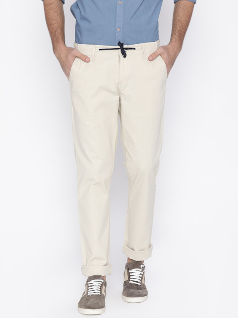 

Nature Casuals Men Cream-Coloured Slim Fit Solid Regular Trousers