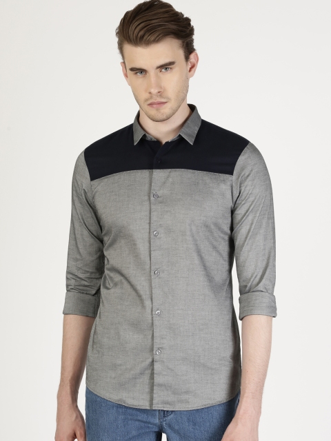 

ether Men Grey & Navy Colourblocked Solid Slim Fit Casual Shirt
