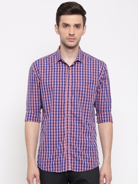 

British Club Men Pink & Navy Blue Slim Fit Checked Casual Shirt