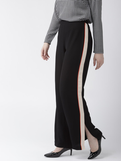 

FOREVER 21 Women Black & Beige Solid Contemporary Fit Parallel Trousers