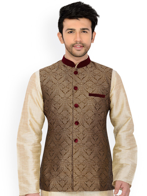 

Manyavar Brown Jacquard Nehru Jacket