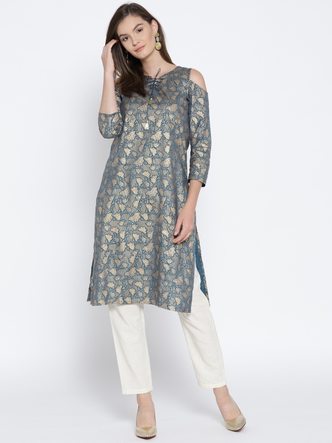 

Global Desi Women Teal Blue Printed Straight Kurta