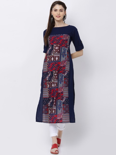 

Vishudh Women Navy Blue & Red Printed Straight Kurta