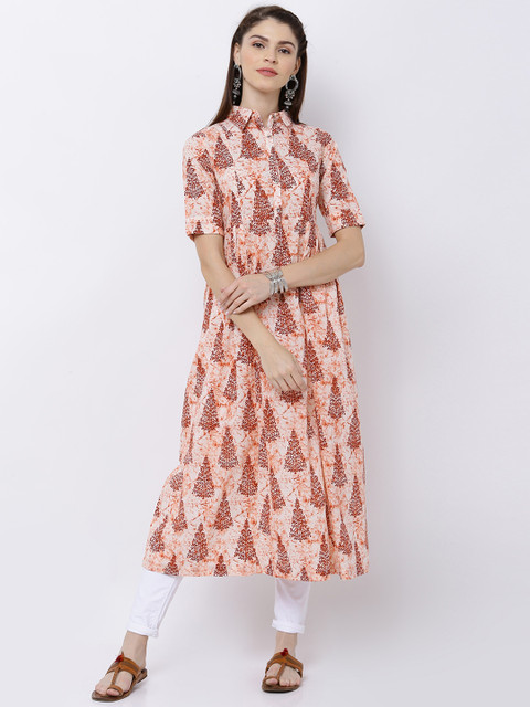

Vishudh Women Cream-Coloured & Rust Red Printed A-Line Kurta