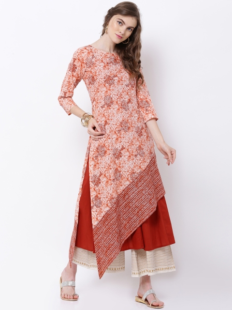 

Vishudh Women Orange & Cream-Coloured Printed A-Line Kurta