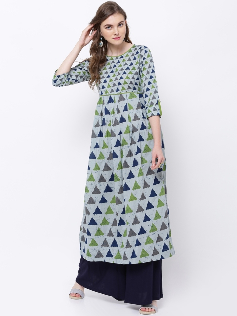 

Vishudh Women Green & Navy Blue Printed A-Line Kurta