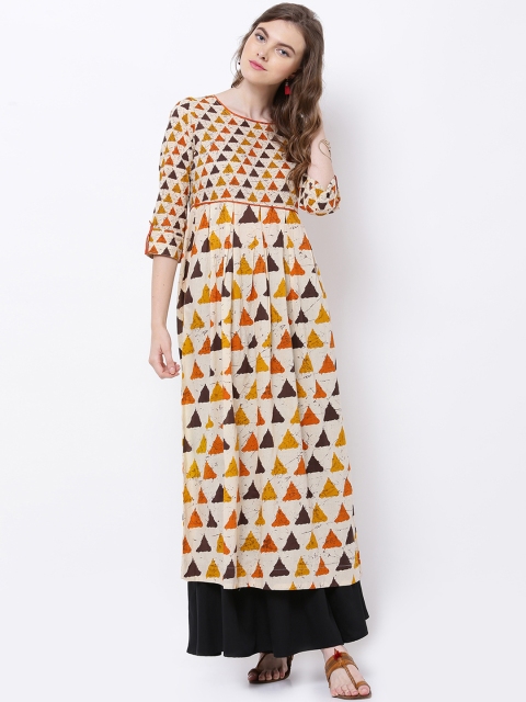 

Vishudh Women Mustard Yellow & Cream-Coloured Printed A-Line Kurta