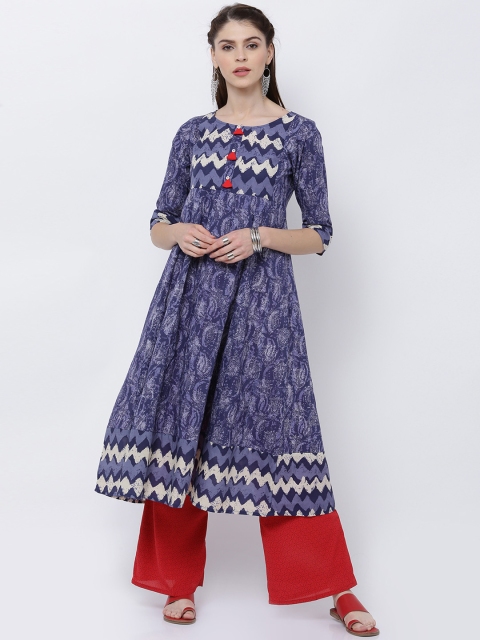 

Vishudh Women Blue & White Printed A-Line Kurta