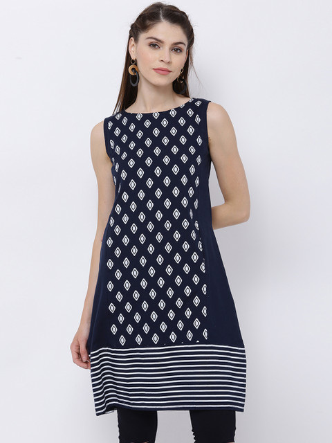 

Vishudh Women Navy Blue & White Solid A-Line Kurta