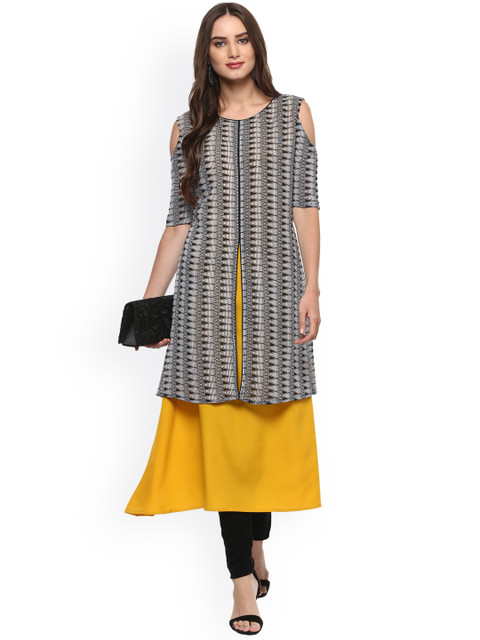 

La Firangi Women Black & Yellow Printed Cold Shoulder Kurta