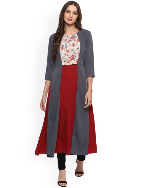 

La Firangi Women Grey & Maroon Colourblocked Layered Kurta