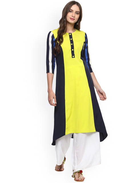 

La Firangi Women Lime Green & Navy Blue Colourblocked A-Line Kurta
