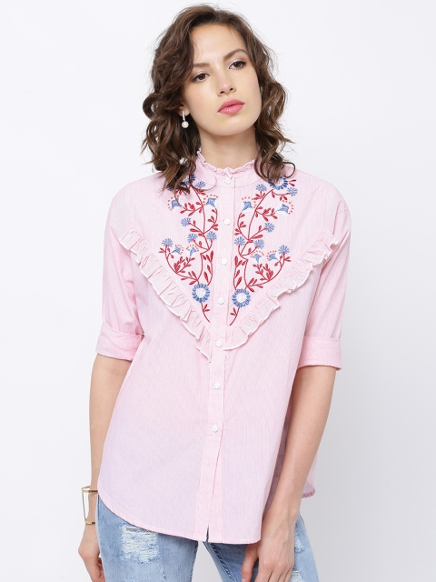 

Tokyo Talkies Women Pink Striped Shirt-Style Pure Cotton Top