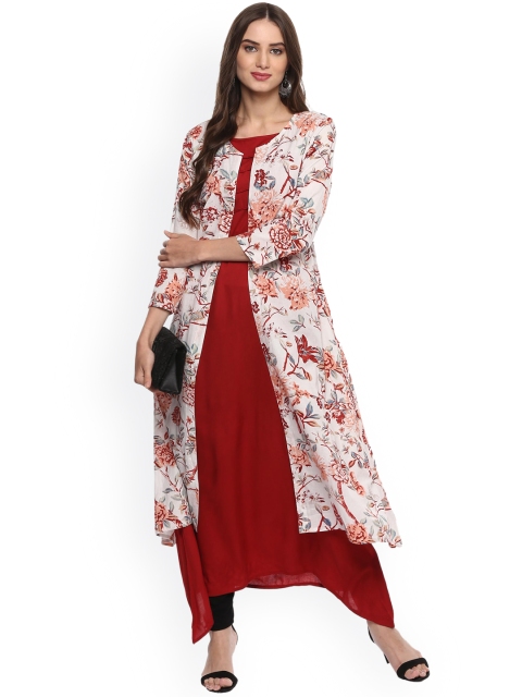 

La Firangi Women Red & Off-White Floral Print Layered A-Line Kurta