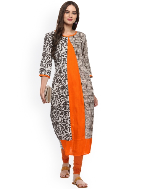 

La Firangi Women Orange & Off-White Floral Print Panelled A-Line Kurta