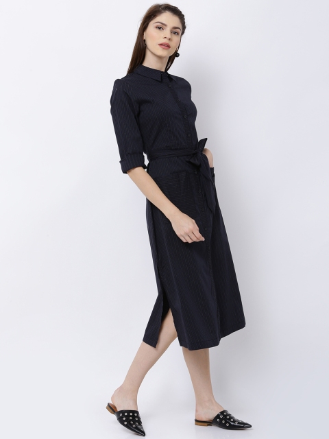 

Tokyo Talkies Women Black Striped Midi Shirt Dress