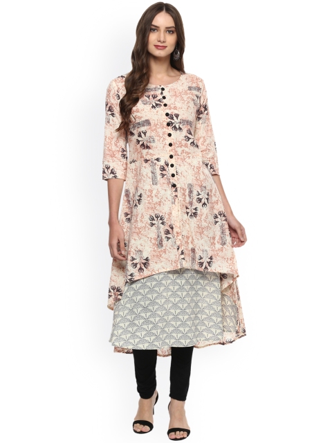 

La Firangi Women Off-White & Peach-Coloured Printed Layered A-Line Kurta