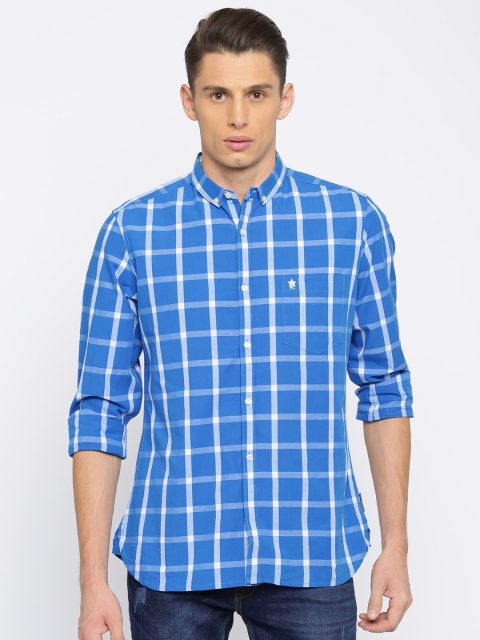 

French Connection Men Blue & Off-White Slim Fit Checked Casual Shirt