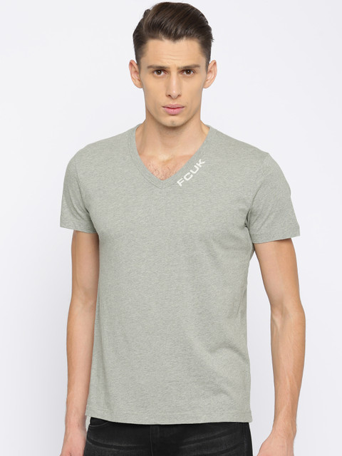 

French Connection Men Grey Melange Solid Round Neck Slim Fit T-shirt
