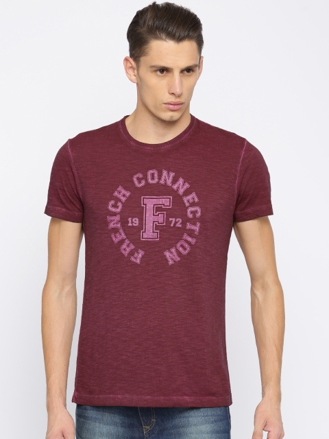 

French Connection Men Burgundy Printed Slim Fit Round Neck T-shirt