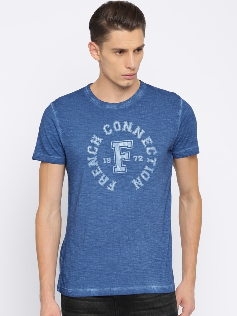 

French Connection Men Blue Printed Round Neck Slim Fit T-shirt
