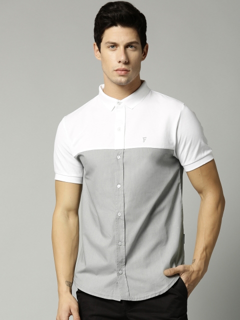 

French Connection Men White & Grey Regular Fit Colourblocked Casual Shirt