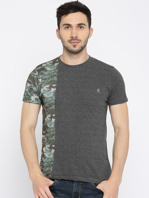 

French Connection Men Charcoal Grey Slim Fit Printed Round Neck T-shirt