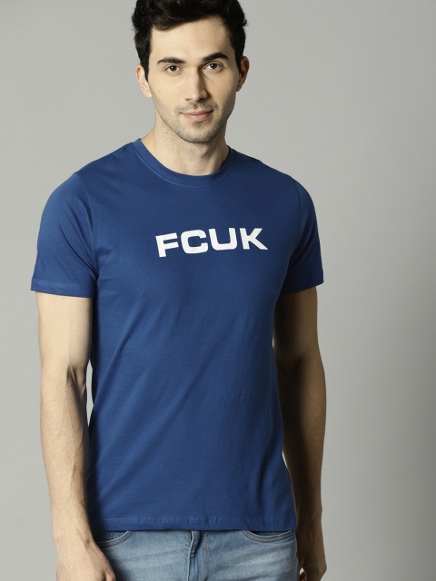 

French Connection Men Blue Printed Round Neck Slim Fit T-shirt