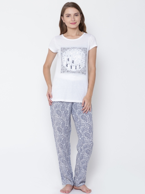 

MADAME M SECRET White & Blue Printed Nightsuit S7S30088 040