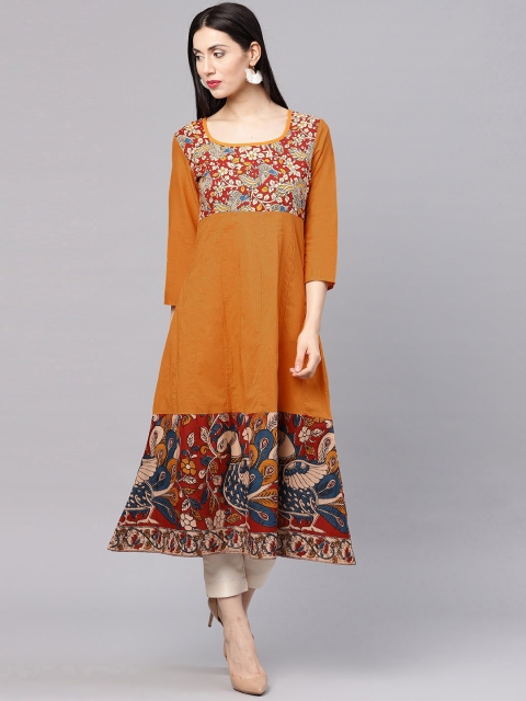 

AKS Women Mustard Yellow Kalamkari Print Anarkali Kurta