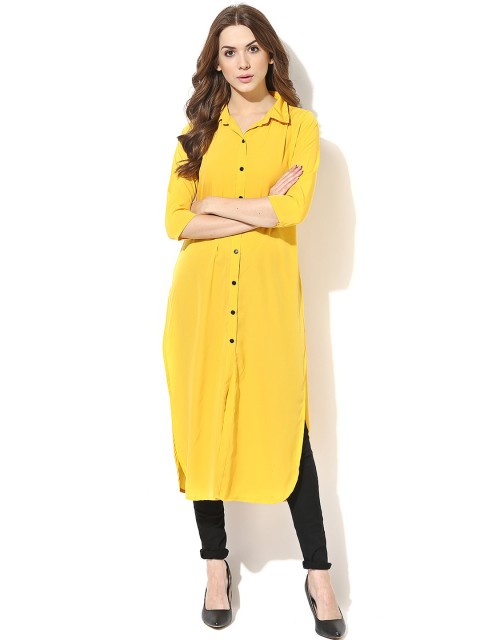 

AKS Women Yellow Solid Crepe Straight Kurta