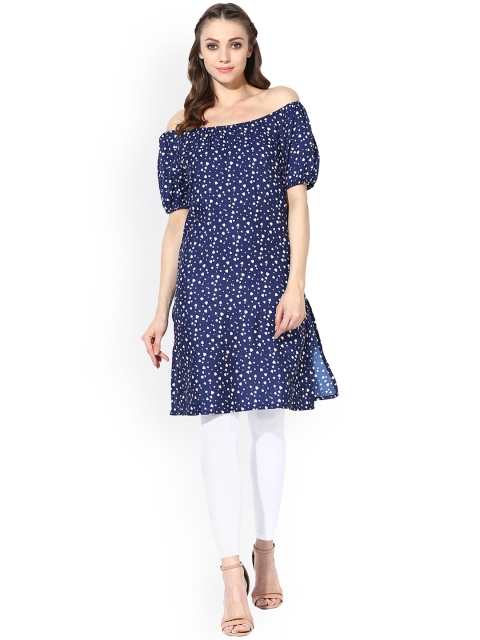 

AKS Women Blue & White Hearts Printed Off-Shoulder Straight Kurta