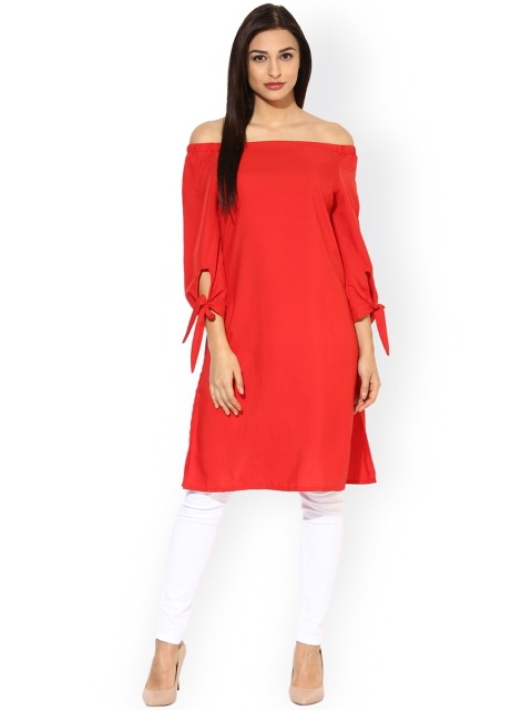 

AKS Women Red Solid Crepe Off-Shoulder Straight Kurta