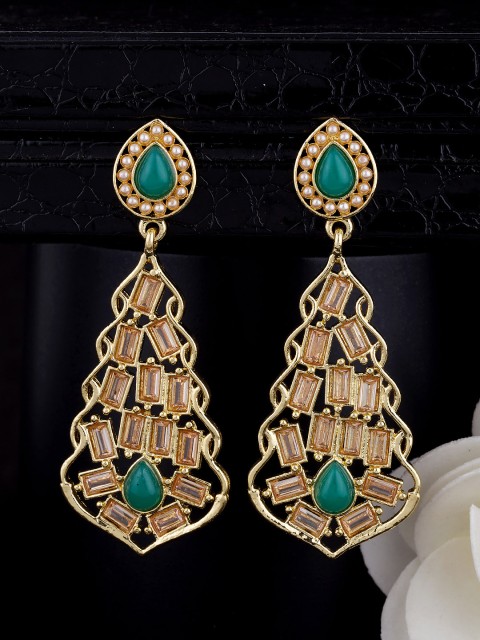 

Voylla Gold-Toned Leaf Shaped CZ Stone Studded Drop Earrings