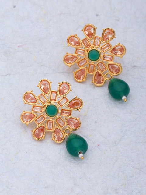 

Voylla Gold-Toned & Green Floral Drop Earrings