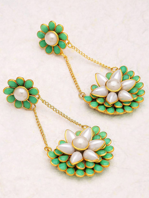 

Voylla Gold-Toned & Green Floral Drop Earrings
